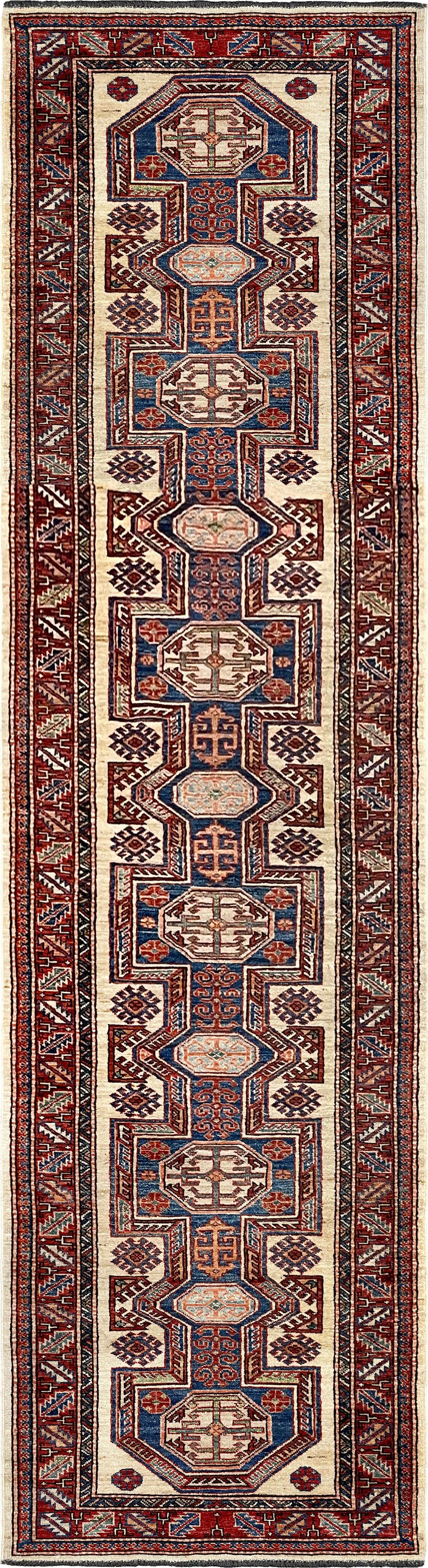 25357-Royal Kazak Hand-Knotted/Handmade Afghan Rug/Carpet Tribal/Nomadic Authentic/ Size: 11'4" x 2'9" / 345cm x 84cm/345m x 84cm – photo 1