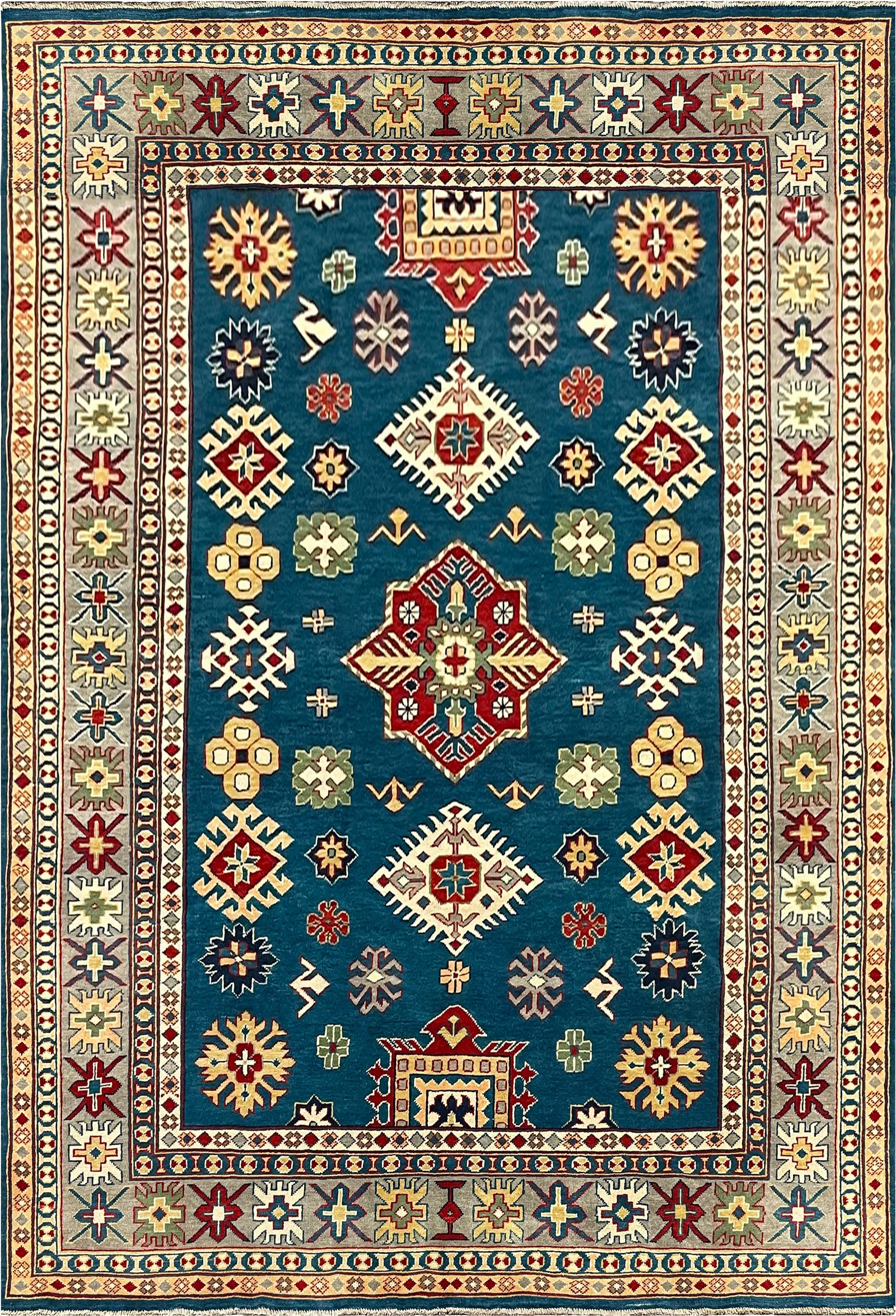 27927-Royal Kazak Hand-Knotted/Handmade Afghan Rug/Carpet Tribal/Nomadic Authentic/ Size: 9'8" x 6'6" / 295cm x 198cm/295m x 198cm – photo 1