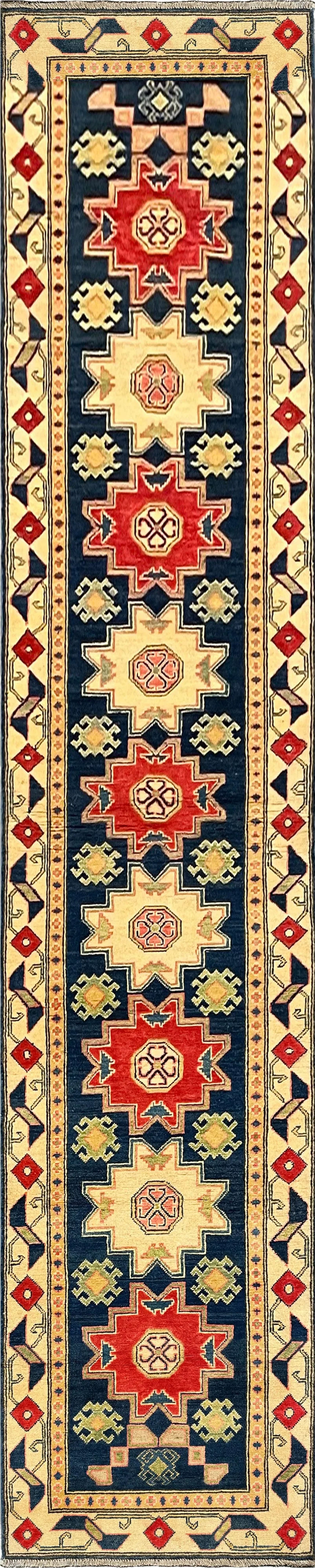 27806-Kazak Hand-Knotted/Handmade Afghan Rug/Carpet Tribal/Nomadic Authentic/ Size: 13'5" x 2'6" / 409cm x 76cm/409m x 76cm – photo 1
