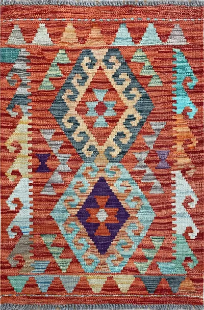 26062- Kelim Hand-Woven/Flat Weaved/Handmade Afghan /Carpet Tribal/Nomadic Authentic/Size: 3'2" x 2'0"/97cm x 61cm 3′2″ × 2′0″ · 97 × 61 cm