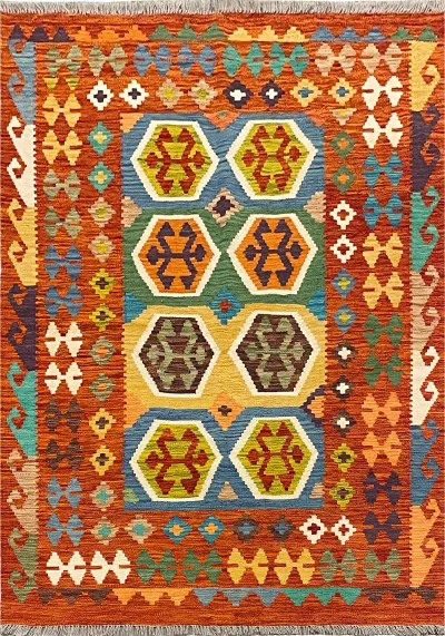 27765 - Kelim Hand-Woven/Flat-Weaved/Afghan Kelim/Carpet Modren/Nomadic Authentic/Size: 6'2" x 4'4"/188 cm × 132cm 6′2″ × 4′4″ · 188 × 132 cm