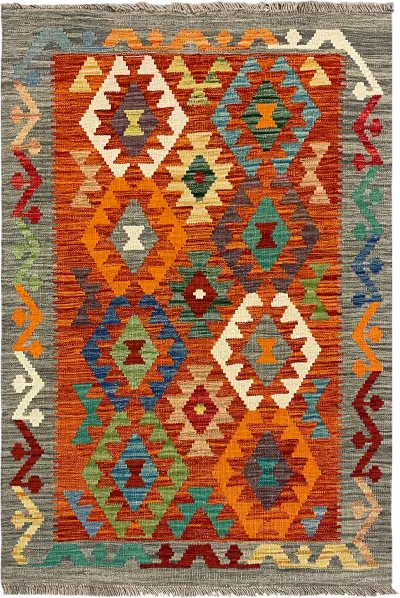 27738 - Kelim Hand-Woven/Flat-Weaved/Afghan Kelim/Carpet Modren/Nomadic Authentic/Size: 4'2" x 2'9"/127cm ×84cm 4′2″ × 2′9″ · 127 × 84 cm