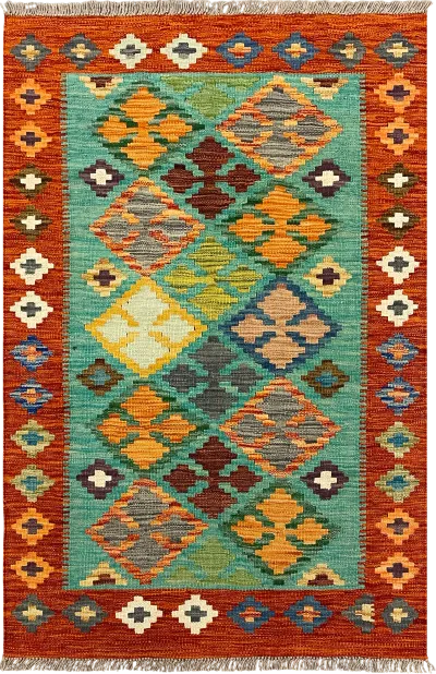 27723 - Kelim Hand-Woven/Flat-Weaved/Afghan Kelim/Carpet Modren/Nomadic Authentic/Size: 4'1" x 2'7"/124cm ×79cm 4′1″ × 2′7″ · 124 × 79 cm
