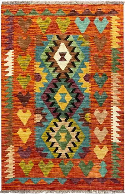 27674 - Kelim Hand-Woven/Flat-Weaved/Afghan Kelim/Carpet Modern/Nomadic Authentic/Size: 4'2" x 2'8"/127 cm × 81cm 4′2″ × 2′8″ · 127 × 81 cm