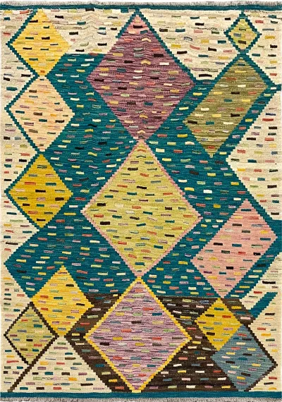 27649 - Kelim Hand-Woven/Flat-Weaved/Afghan Kelim/Carpet Modern/Nomadic Authentic/Size: 5'6" x 4'3"/168cm × 130cm 5′6″ × 4′3″ · 168 × 130 cm