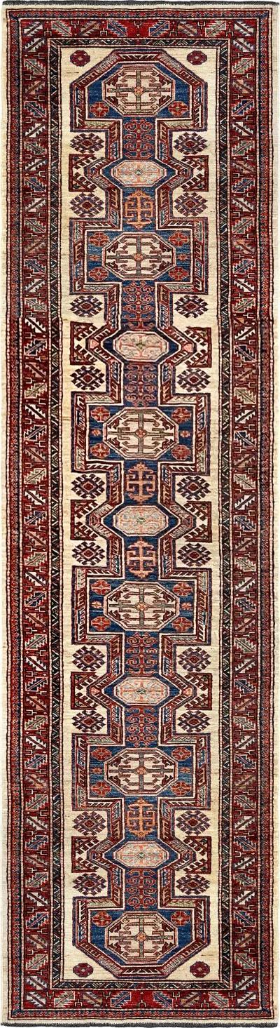 25357-Royal Kazak Hand-Knotted/Handmade Afghan Rug/Carpet Tribal/Nomadic Authentic/ Size: 11'4" x 2'9" / 345cm x 84cm/345m x 84cm 11′4″ × 2′9″ · 345 × 84 cm