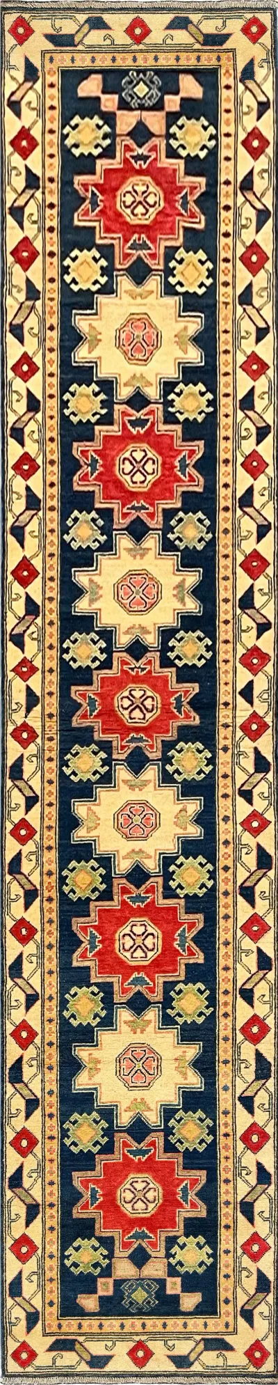 27806-Kazak Hand-Knotted/Handmade Afghan Rug/Carpet Tribal/Nomadic Authentic/ Size: 13'5" x 2'6" / 409cm x 76cm/409m x 76cm 13′5″ × 2′6″ · 409 × 76 cm