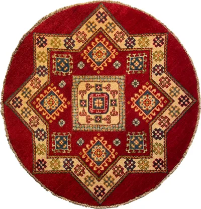 26621 - Kazak Hand-Knotted/Handmade Afghan Tribal/Nomadic Authentic/Size: 3'4" x 3'3"/102cm x 99cm 3′4″ × 3′3″ · 102 × 99 cm