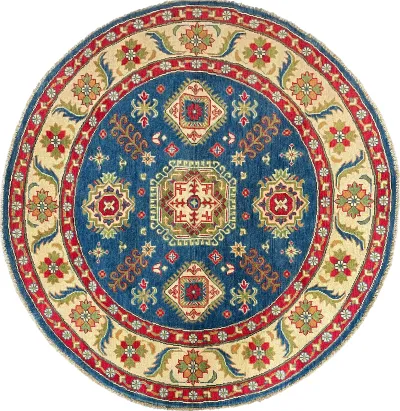26637 - Kazak Hand-Knotted/Handmade Afghan Tribal/Nomadic Authentic/Size: 4'8" x 5'0"/142cm x 152cm 5′0″ × 4′8″ · 152 × 142 cm